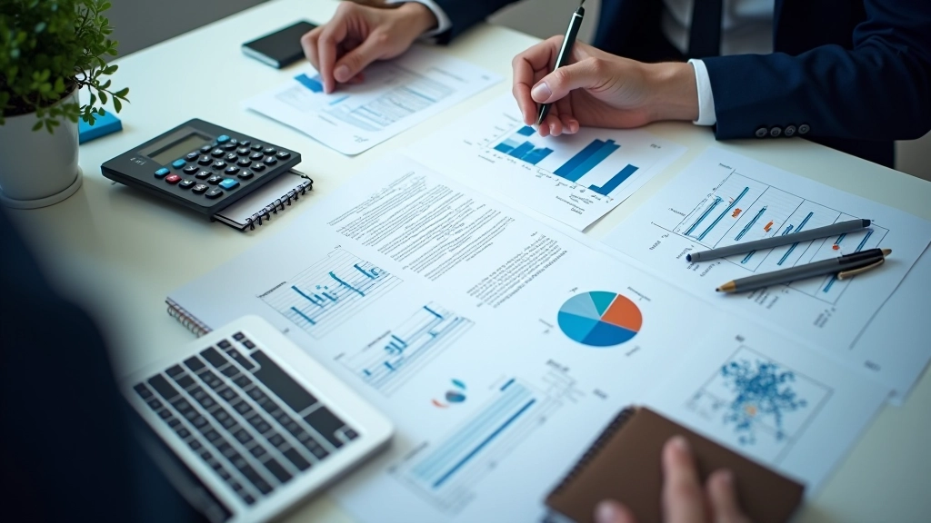 Veri analizi grafiklerinin yanında not defteri ve analiz araçları bulunan modern bir ofis masası