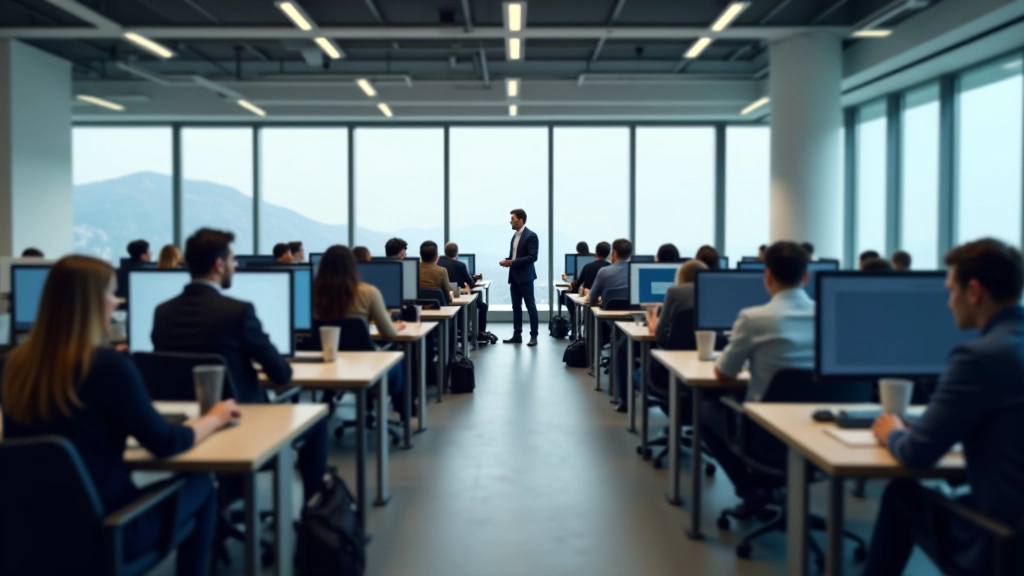 Makine öğrenimi eğitim merkezi, çalışan insanlar, modern teknoloji ortamı, ofis masaları